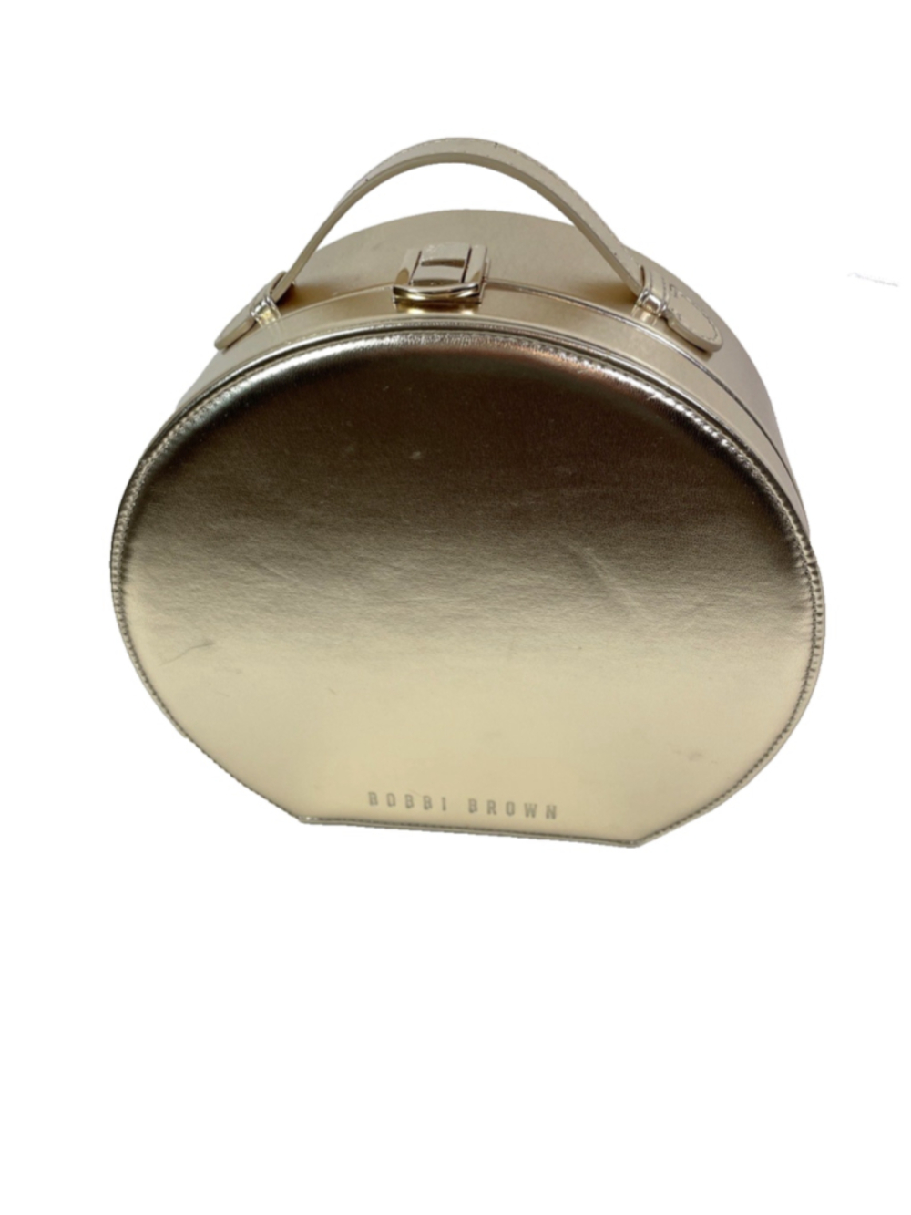 Bobbi Brown Large Shiny Gold Round Cosmetic Travel Case Makeup Bag Pink Interior